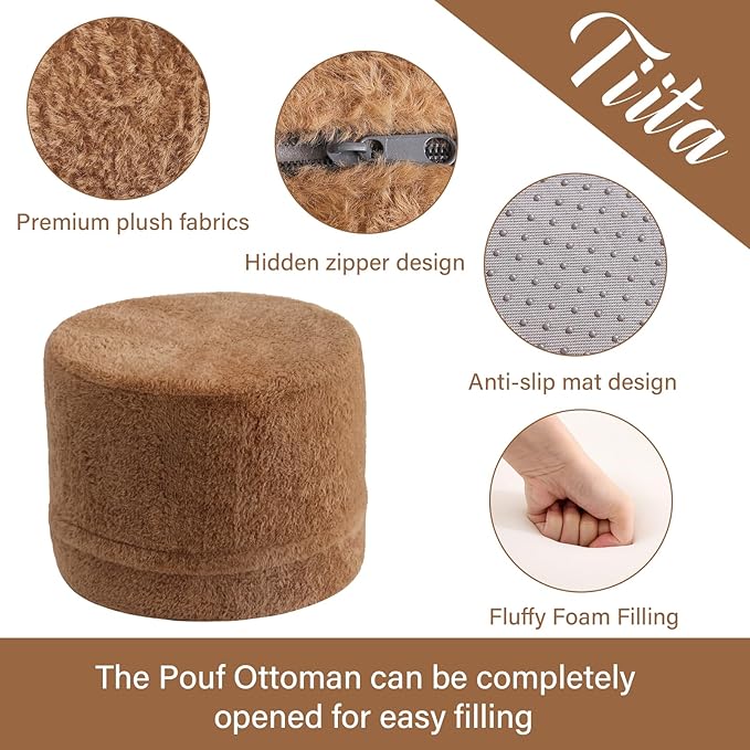 Tiita Pouf Ottoman and Foot Rest, Round Foam Stuffed Floor Pouf with Storag for Living Room, Brown