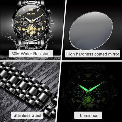 OLEVS Men Watches Stainless Steel Chronograph Watch, Large Wrist Analog Quartz Watch, Fashion Waterproof Diamond Roman Numerals Dress Watches for Men, Gold/Black/White/Blue/Grey Dial