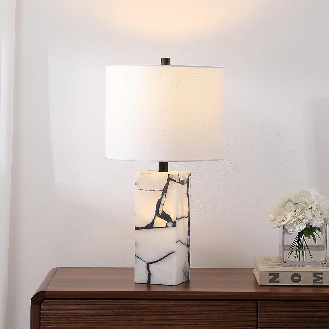 JONATHAN Y JYL8507A Elizabeth 24.25" Contemporary Coastal Alabaster LED Table Lamp with Body Night Light Bedroom, Living Room, Office, Dining Room, Black/White