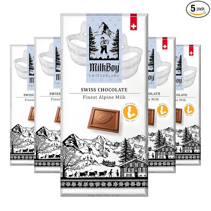 Milkboy Swiss Chocolates Chocolate Bars - Premium Swiss Alpine Milk Chocolate - Smooth European Milk Chocolates Gift - Sustainably Farmed Cocoa - Gluten Free - 3 oz, Pack 5