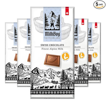 Milkboy Swiss Chocolates Chocolate Bars - Premium Swiss Alpine Milk Chocolate - Smooth European Milk Chocolates Gift - Sustainably Farmed Cocoa - Gluten Free - 3 oz, Pack 5