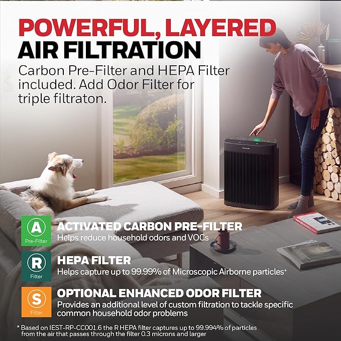 Honeywell Allergen Plus HEPA Air Purifier for Home Large Rooms up to 2400 Ft², Air Quality Monitor, Auto Mode, Reduces Allergens, Pollen, Pet Dander, Odors, Smoke, Black, HPA5300B