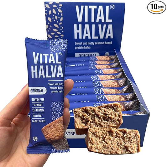 Vital Halva Vegan Protein Fiber Bar, Original Sesame, Gluten Free, Dairy Free, Soy Free, Low Sugar, No Added Sugar, 12G Protein, 19G Fiber, 6G Net Carbs, Snack Bar, 10ct