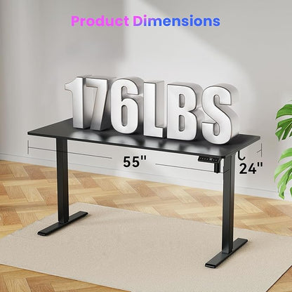 55x24 Inches Height Adjustable Electric Standing Desk with 2 Hooks for Home Office, Ergonomic Sit Stand up Desk with Splice Board, Black
