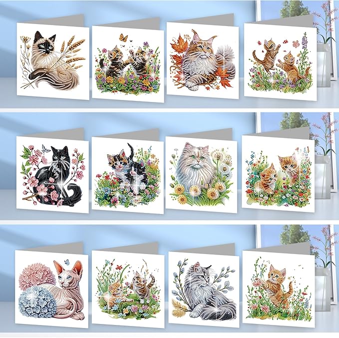 jinglinhh 12pcs Sphynx Cat Diamond Art Painting Kitten in the Flower Garden Greeting Cards with Envelopes, DIY Card Making Kits for Adults, Diamond Art Christmas Birthday Holiday cards Craft Gifts