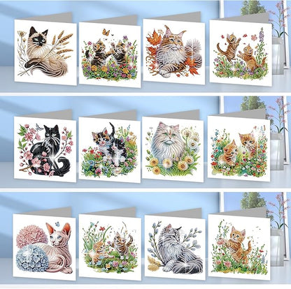 jinglinhh 12pcs Sphynx Cat Diamond Art Painting Kitten in the Flower Garden Greeting Cards with Envelopes, DIY Card Making Kits for Adults, Diamond Art Christmas Birthday Holiday cards Craft Gifts