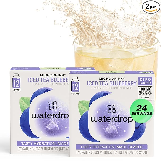 Waterdrop Hydration Cubes with Electrolytes, Vitamins C and Vitamin B3, Blueberry Iced Tea Flavor Water Enhancer Cubes for Still & Sparkling Water, Gluten Free, Low Calorie, Sugar Free, 24 Count
