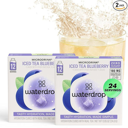 Waterdrop Hydration Cubes with Electrolytes, Vitamins C and Vitamin B3, Blueberry Iced Tea Flavor Water Enhancer Cubes for Still & Sparkling Water, Gluten Free, Low Calorie, Sugar Free, 24 Count