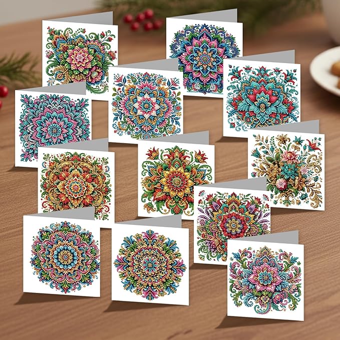 jinglinhh 12pcs Mandala Diamond Art Painting Greeting Cards with Envelopes, DIY Card Making Kits for Adults, Diamond Art Christmas Cards for Birthday Holiday Postcards Craft Gifts