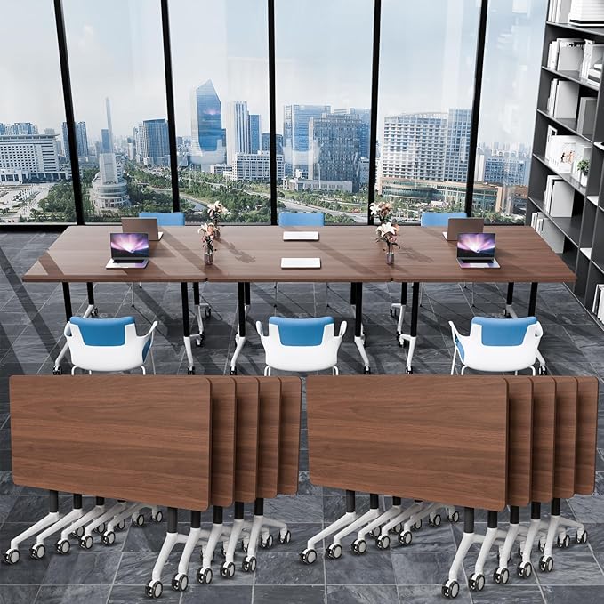 Conference Table Folding Conference Room Tables, Modern Mobile Meeting Training Table with Silent Wheels, Foldable Seminar Table for Offices, Classrooms, Libraries (10, walnut2, 61in)