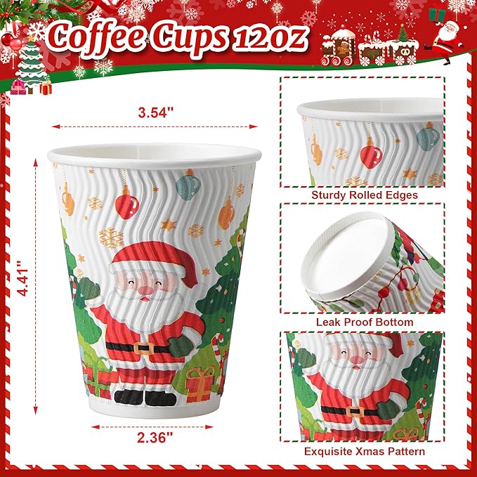 SIUQ 12 oz Christmas Coffee Cups - 50 Pack Disposable Insulated Paper Cups, Christmas Hot To Go Coffee Cups, Leak Proof Holiday Party Supplies for Office Home Celebrations