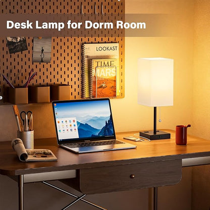 17.4In Tall Table Lamps for Bedroom Set of 2 - 3 Color Bedside Lamps with AC Outlets and USB Ports for Charging, white and Black Square Night Stand light, End DeskLamp for Living Room/Dorm/Office