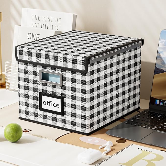 Huolewa Collapsible File Storage Organizer Box with Lid, Lattice Linen Office Document Storage, Universal Hanging Filing Organization Box for Letter/Legal Folder, Decorative Home File Bin
