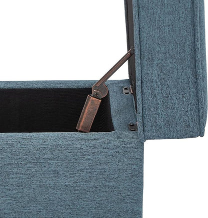 Adeco 17" Square Ottoman with Storage, Small Blue Storage Ottoman Foot Rest with Hinged Lid & Solid Wood Legs, Linen Fabric Foot Stool for Living Room & Bedroom
