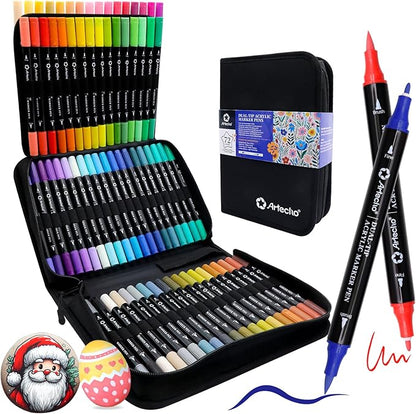 Artecho Acrylic Paint Markers 72 Colors with Bag, Acrylic Paint Pens with Brush Tip and Fine Tip for Stone, Rock Painting, Paper, Pumpkin, Wood, Egg, Canvas, Ceramic, Fabric, leather, Glass