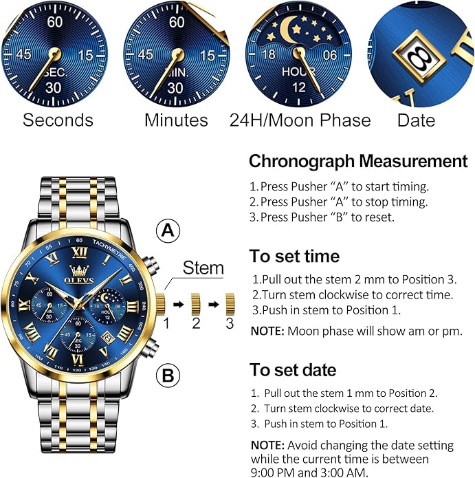 OLEVS Mens Stainless Steel Chronograph Watch, Big Face Roman Numerals Date Analog Quartz Dress Watches for Men, Fashion Multifunctional Waterproof Luminous Hands Men's Wristwatch