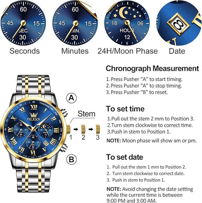 OLEVS Mens Stainless Steel Chronograph Watch, Big Face Roman Numerals Date Analog Quartz Dress Watches for Men, Fashion Multifunctional Waterproof Luminous Hands Men's Wristwatch