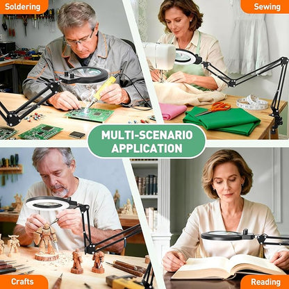 12X & 30X Magnifying Glass with Light, Ultra Long 3 Section Swing Arm LED Desk Lamp with Large Clamp, 3 Color and Brightness Hands Free Magnifier Light and Stand for Workbench Crafts Soldering