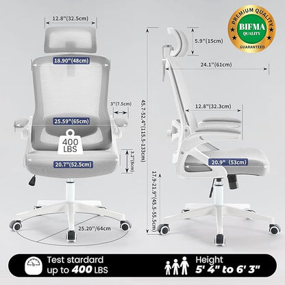 Fizzin Ergonomic Office Chair, 400 LBS Desk Chair with Adjustable Lumbar Support, High Back Breathable Mesh Computer Chair Rolling Work Swivel Task Chairs, Comfy Home Office Desk Chair (Gray)