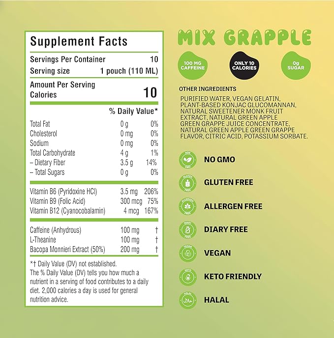 Apple Green Grape Konjac Jelly with Bacopa + Caffeine + L-Theanine (10 Pouches) | Low Calorie, 0g Sugar, Gluten-Free, Vegan & Keto | Drinkable Asian Snack | Nutrients for Gut Health & Focus