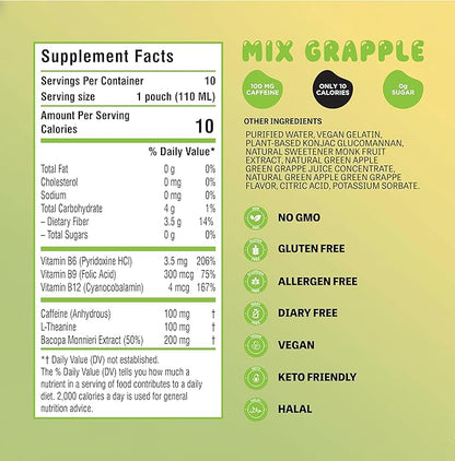 Apple Green Grape Konjac Jelly with Bacopa + Caffeine + L-Theanine (10 Pouches) | Low Calorie, 0g Sugar, Gluten-Free, Vegan & Keto | Drinkable Asian Snack | Nutrients for Gut Health & Focus