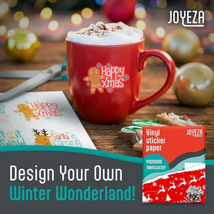 JOYEZA Premium Printable Vinyl Clear Sticker Paper for Inkjet Printer - 25 Sheets Translucent Waterproof, Dries Quickly Vivid Colors, Holds Ink Well - Inkjet & Laser Printer