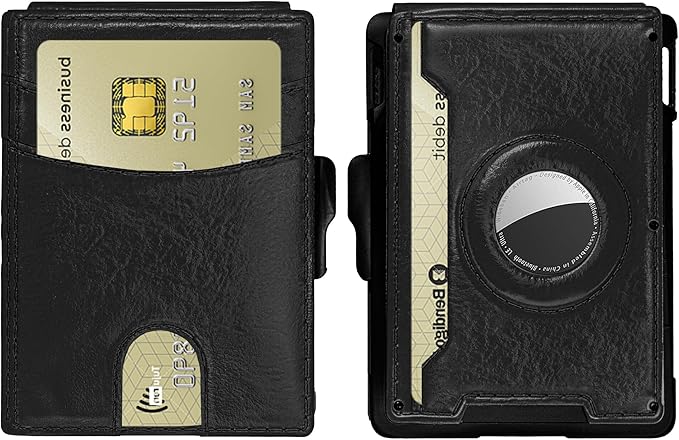 Compatible with Air Tag Wallet for Men, RFID Blocking Slim Minimalist Bifold Wallet with Pop Up Aluminum Card Case, Leather Credit Card Holder with Money Clip & ID Window, Holds 9–12 Cards, (black)