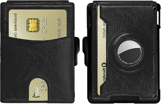 Compatible with Air Tag Wallet for Men, RFID Blocking Slim Minimalist Bifold Wallet with Pop Up Aluminum Card Case, Leather Credit Card Holder with Money Clip & ID Window, Holds 9–12 Cards, (black)