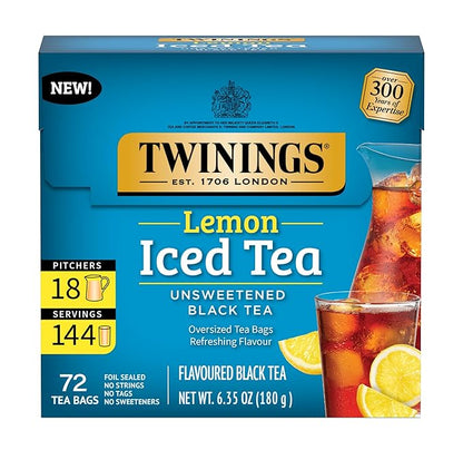 Twinings Lemon Black Iced Tea, 72 Oversized Tea Bags, Makes 18 Pitchers or 144 Servings, Unsweetened, Caffeinated, 72 Count (Pack of 1)