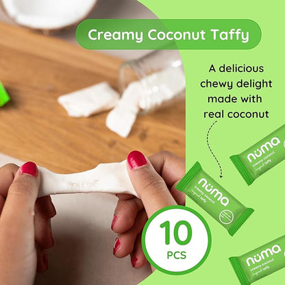 Numa Foods Creamy Coconut Taffy Candy – Dairy Free, Low Sugar Candy - Low Calorie & Natural Chewy Snack with Real MCT-Rich Coconut Milk, Gluten Free – 3 Bags with 10 Individually Wrapped Chews Each