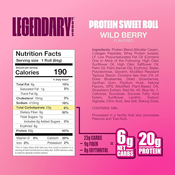 Legendary Foods Cinnamon Roll 22g Protein Bars – Gluten-Free, Low Carb Meal Option – Sweet Zero Sugar Snack, Keto-Friendly – 10-Pack High Protein Pre- or Post-Workout Nutrition Bars Wild Berry