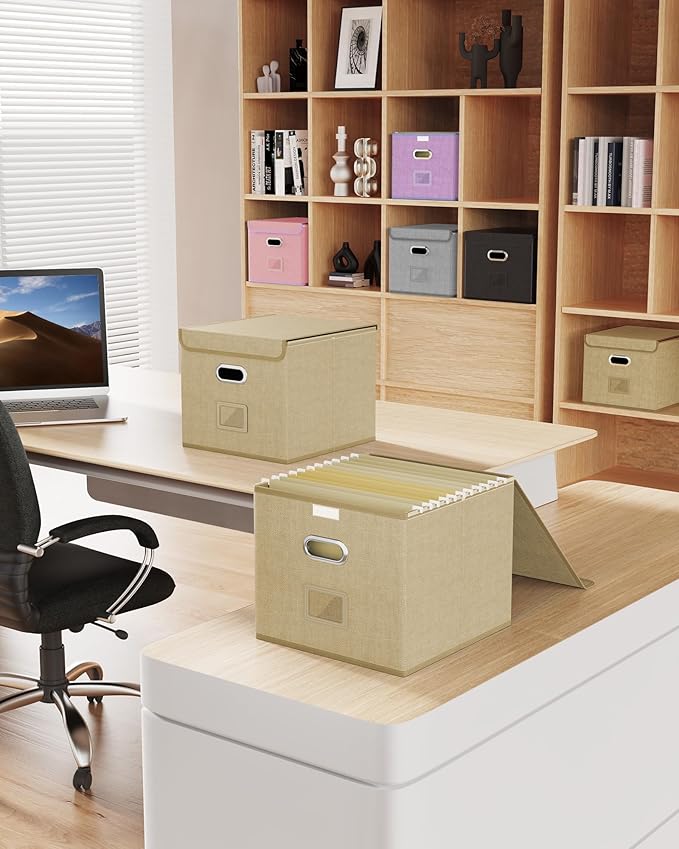 Oterri 3 Pack File Organizer Box,File Box,Small File Cabinet for Letter Folders,Khaki Portable Filing Box,Hanging File Folder Organizer with Lid for Office/Decor/Home- without Folders