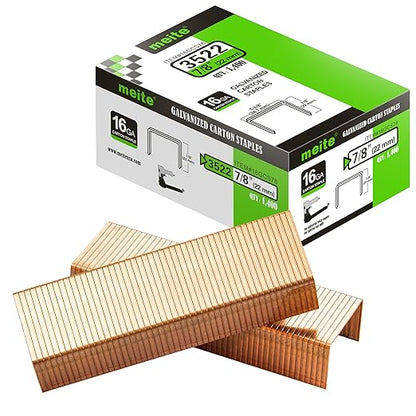 meite Carton Closing Staples 16 Gauge 1-3/8" Wide Crown 7/8" Leg Copper-Coated Box Staples for Pneumatic or Manual Box Stapler Cardboard Sealer Packaging (2,800PCS)