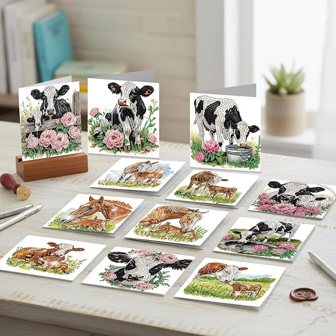 jinglinhh 12pcs Diamond Art Painting Flower Fence Cows Horses Greeting Cards with Envelopes, DIY Card Making Kits for Adults, Diamond Art Christmas Cards for Birthday Holiday Postcards Craft Gifts