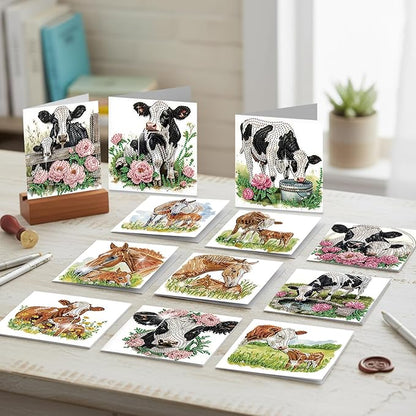 jinglinhh 12pcs Diamond Art Painting Flower Fence Cows Horses Greeting Cards with Envelopes, DIY Card Making Kits for Adults, Diamond Art Christmas Cards for Birthday Holiday Postcards Craft Gifts