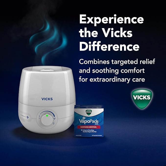 Vicks NaturalCare Cool Mist Ultrasonic Humidifier, Small Room Humidifier for Bedroom, Diffuser with Nighttime Light, Works with Vicks VapoPads, White