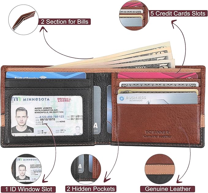 Genuine Leather Mens Bifold Wallet RFID Blocking 5 Credit Card Slots 1 ID Window 2 Sections for Bills 2 Additional Slots | Tan/Camel/Black