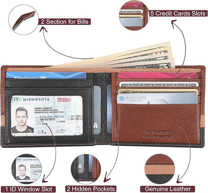 Genuine Leather Mens Bifold Wallet RFID Blocking 5 Credit Card Slots 1 ID Window 2 Sections for Bills 2 Additional Slots | Tan/Camel/Black
