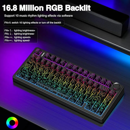 AULA F75 Pro Wireless Mechanical Keyboard with Knob,75% Hot Swappable Custom Gaming Keyboards,RGB Backlit,Pre-lubed Switches,Side Printed PBT Keycaps Creamy Sounding Computer Keyboard, Line Black