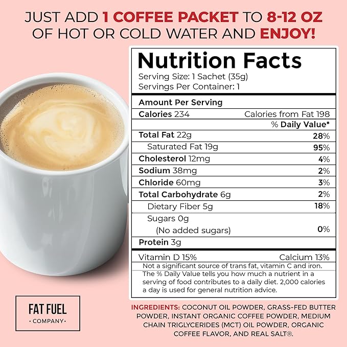 FAT FUEL Keto Coffee 22g Premium Fats - With Grass Fed Butter, MCT Oil, Coconut & Redmond Real Salt - Instant Organic Coffee, One Net Carb, A True Meal Replacement - 30 Bulk Powder Servings