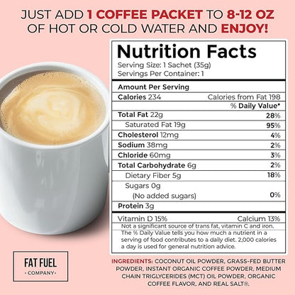 FAT FUEL Keto Coffee 22g Premium Fats - With Grass Fed Butter, MCT Oil, Coconut & Redmond Real Salt - Instant Organic Coffee, One Net Carb, A True Meal Replacement - 30 Bulk Powder Servings