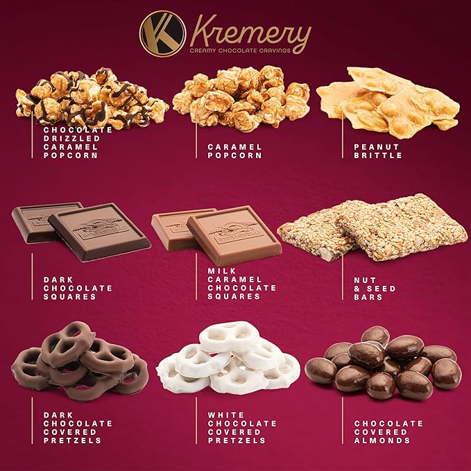 KREMERY Creamy Chocolate Cravings - Thanksgiving Chocolate Covered Pretzels & Caramel Popcorn Gift Basket, in Seagrass Tray + Ribbon (Premium, 2.5 lbs) Holiday Xmas Christmas