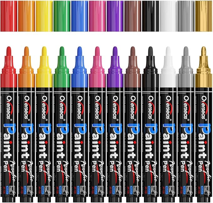Overseas Acrylic Paint Marker Pens - 12 Colors Permanent Markers, Medium Tip, Water Based, Quick Dry, Waterproof Paint Pen Set for Rock, Wood, Plastic, Metal, Canvas, Glass, Fabric, Mug, Stone