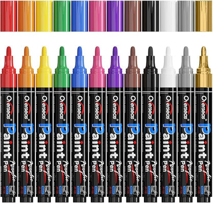 Overseas Acrylic Paint Marker Pens - 12 Colors Permanent Markers, Medium Tip, Water Based, Quick Dry, Waterproof Paint Pen Set for Rock, Wood, Plastic, Metal, Canvas, Glass, Fabric, Mug, Stone