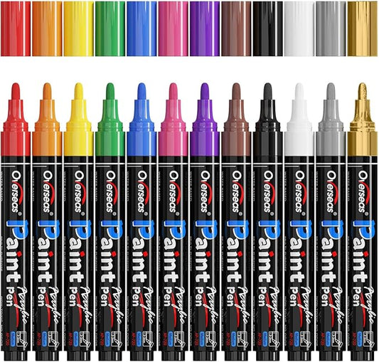 Overseas Acrylic Paint Marker Pens - 12 Colors Permanent Markers, Medium Tip, Water Based, Quick Dry, Waterproof Paint Pen Set for Rock, Wood, Plastic, Metal, Canvas, Glass, Fabric, Mug, Stone