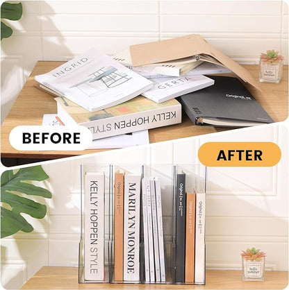 Vertical File Holder, Clear PET Desk Organizer and Storage Bins Holding for Magazines, Binders, Notebooks, Envelopes, Multi-purpose Plastic Document Organizer for Home Office, 4 pack