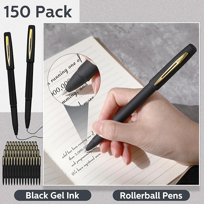 Outus 150 Pcs Black Gel Ink Pens Rollerball Pens Bulk 0.5mm Black Pen Bulk Ultra Fine Point Roller Ball Pens Gel Pens for Office, School, Writing, Taking Notes, Sketching