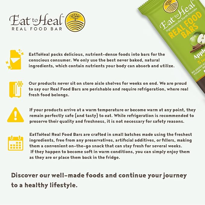 EatToHeal Apple Pie Real Food Bar - Organic Dates & Oats, Gluten Free Vegan Healthy Protein Bars - Low Sugar Meal Replacement Bar, Non GMO, Never Baked, Plant Based - Crafted to Enjoy