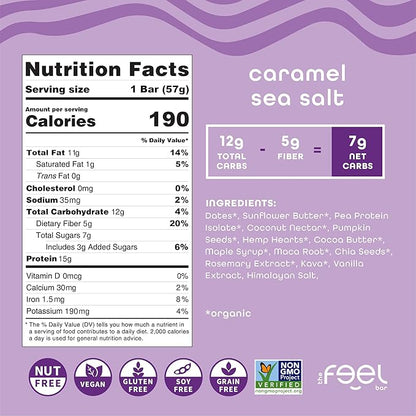 Feel Vegan Protein Bars | Caramel Sea Salt | Keto | Gluten Free | Organic | Maca Root | 15g Plant Protein | Low Carb | High Protein | Dairy Free | Low Sugar | Nut, Grain, Soy Free | 10 Pack