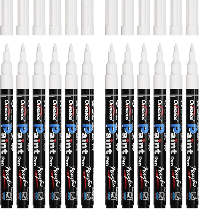 Overseas Paint Markers Pens - White Permanent Markers Acrylic Paint Pens 12 Pack, Water Based, Waterproof, 0.7mm Extra Fine Tip Acrylic Marker for Wood, Metal, Rock, Plastic, Glass, Canvas, Fabric